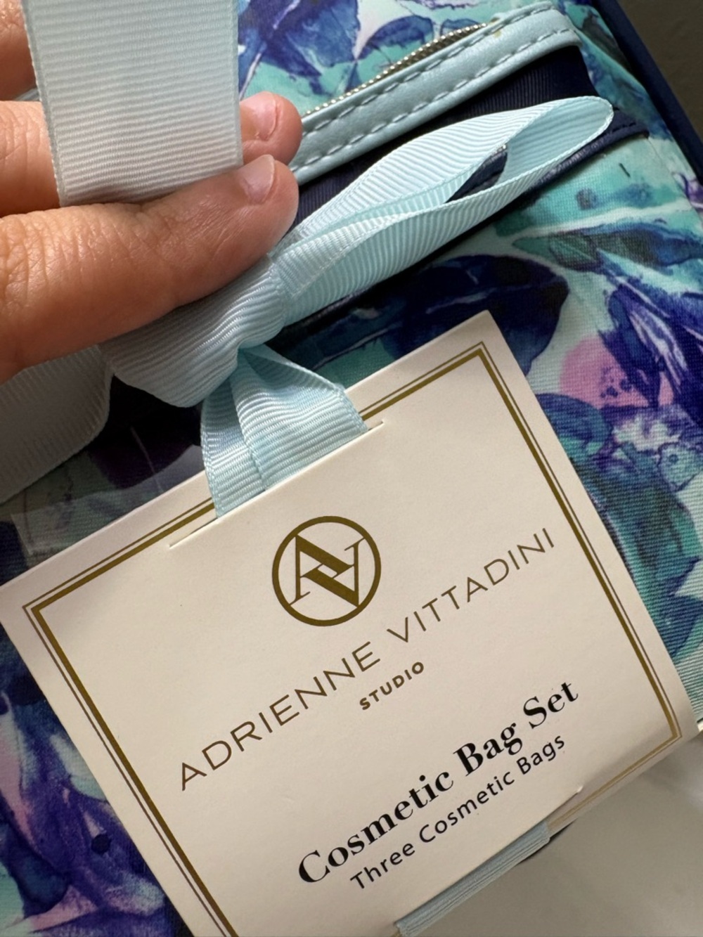 Adrienne Vittadini Blue Floral Cosmetic 3 Piece Bag Set - Picture 2 of 6